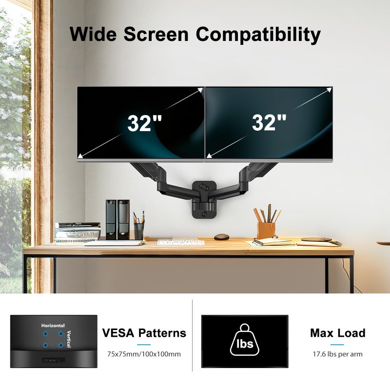 HUANUO Gaming Dual Monitor Wall Mount for 17-32 Inch Computer Screen Mount (4.4-17.6lbs Per Arm) - VESA 75x75/100x100 Height Adjustable Stand for Dual Monitors - Home Office Desk Setup - Image 2